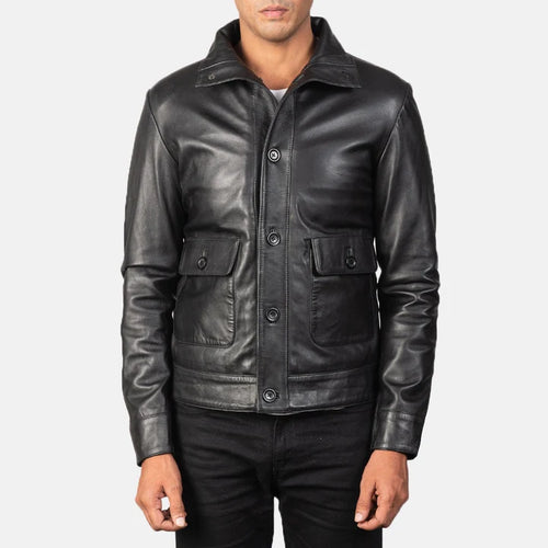 Men's black leather bomber jacket back view with high collar