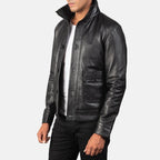 Columbus black leather bomber jacket side view