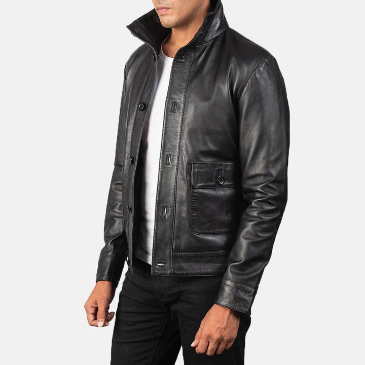 Columbus black leather bomber jacket side view