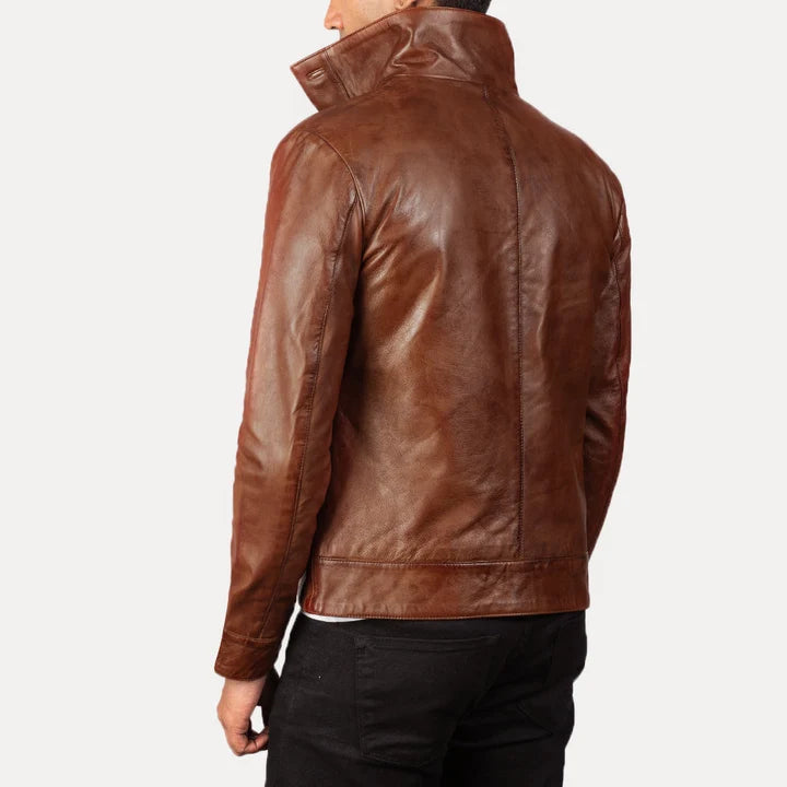 Columbus brown leather bomber jacket back view close-up