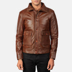 Men's brown leather bomber jacket back view with high collar