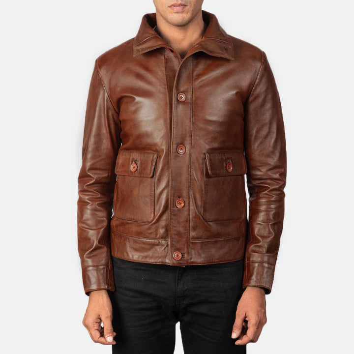 Men's brown leather bomber jacket back view with high collar