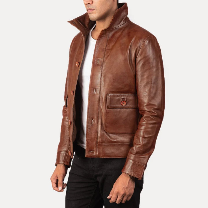 Columbus brown leather bomber jacket side view