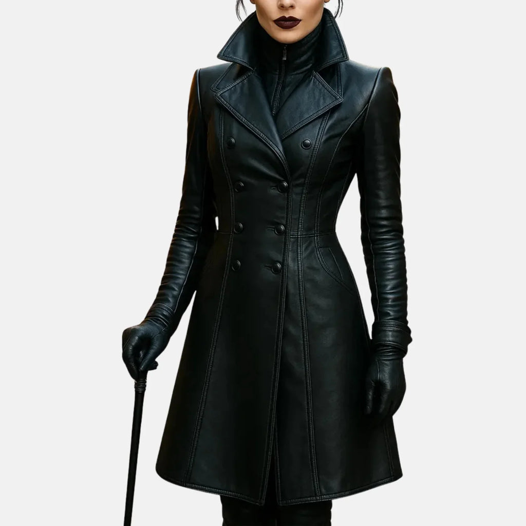 Women's Morwen vampire warlock black leather trench coat with notched lapels and double-breasted buttons