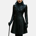 Women's Morwen vampire warlock black leather trench coat with notched lapels and double-breasted buttons
