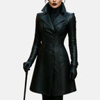 Women's Morwen vampire warlock black leather trench coat with notched lapels and double-breasted buttons