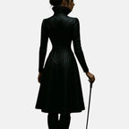 Women's Morwen vampire warlock black leather trench coat with fitted waist and flared hem