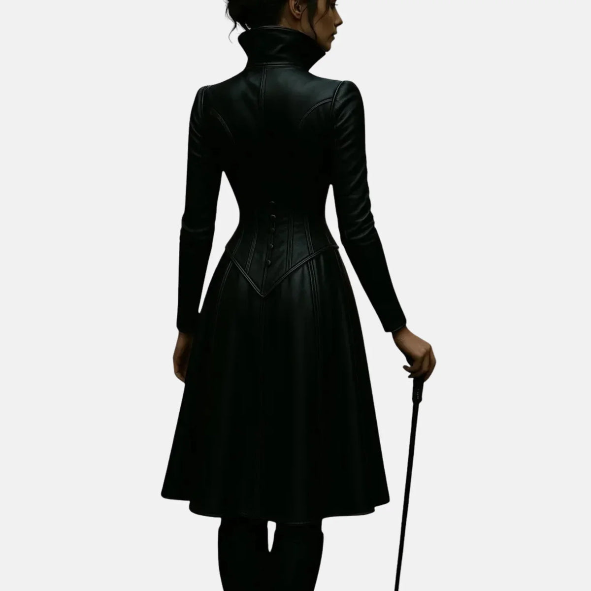 Women's Morwen vampire warlock black leather trench coat with fitted waist and flared hem