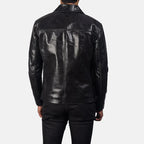 Mystical black leather jacket folded flat lay view