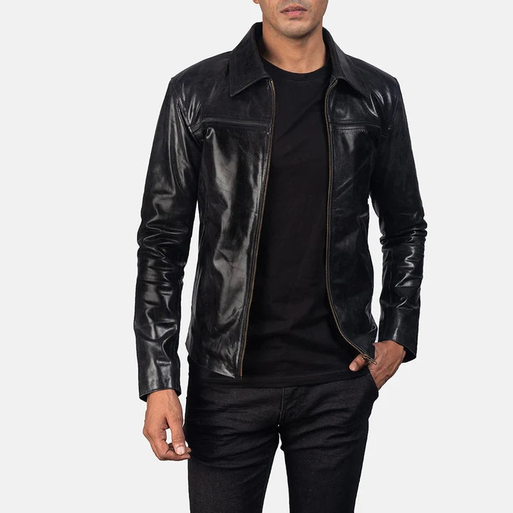 Men's black leather jacket back view with collar detail