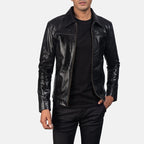 Men's black leather jacket back view with collar detail
