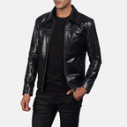 Mystical black leather jacket front view on model