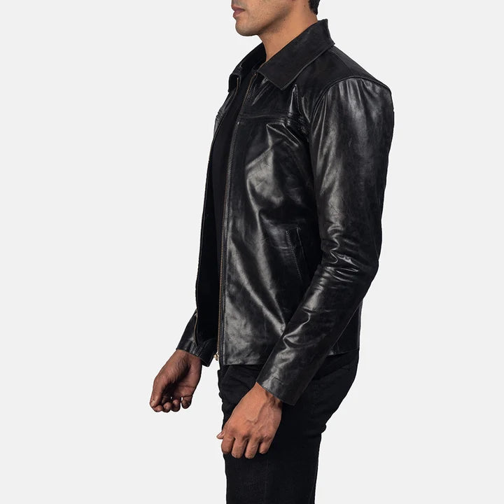 Mystical black leather jacket side view
