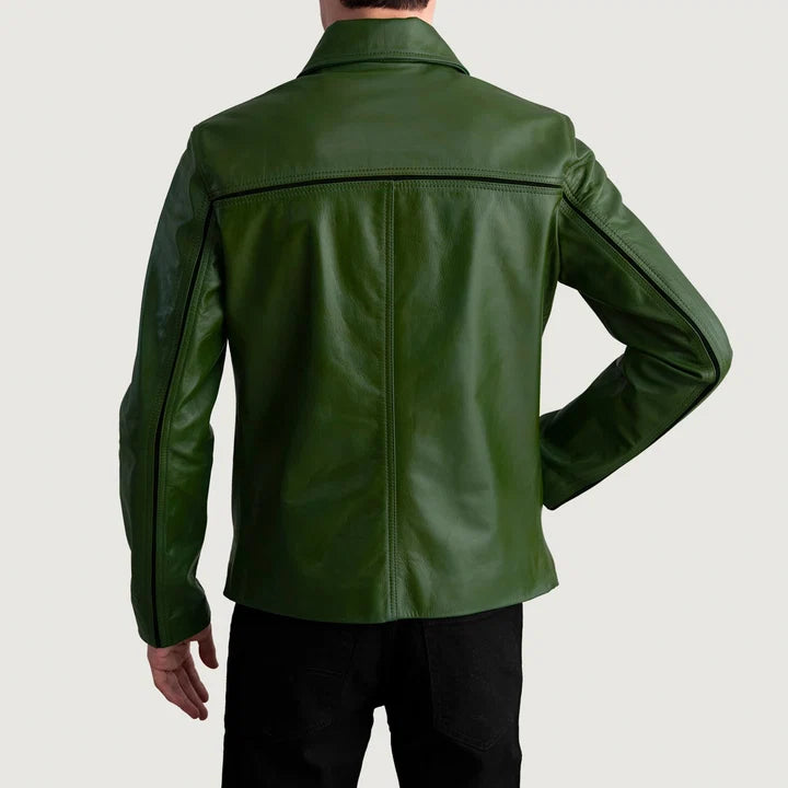 Mystical green leather jacket close-up front detail
