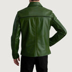 Mystical green leather jacket close-up front detail