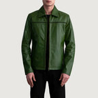 Mystical green leather jacket front view on model
