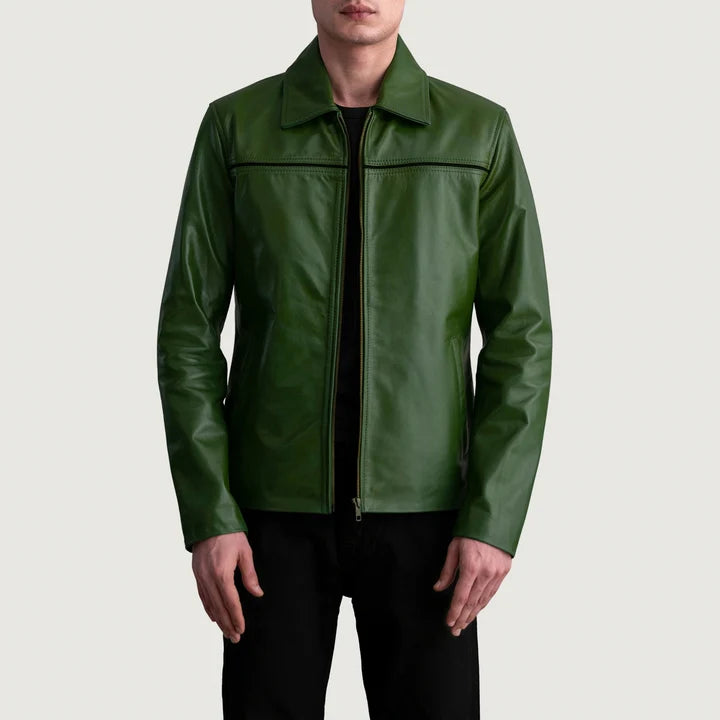 Mystical green leather jacket front view on model