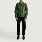 Men's green leather jacket full body front view with black pants
