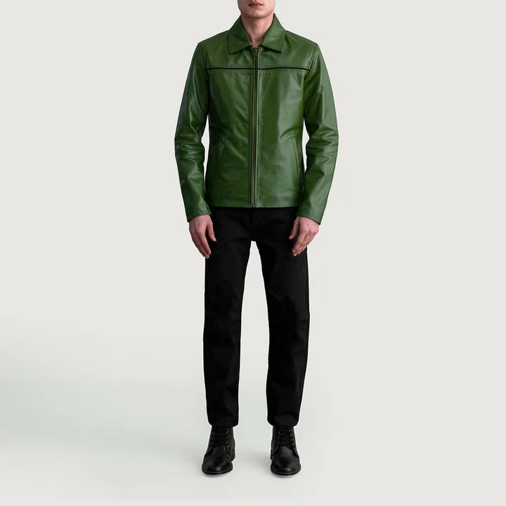 Men's green leather jacket full body front view with black pants