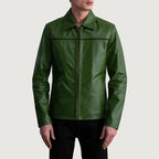Mystical green leather jacket side profile close-up