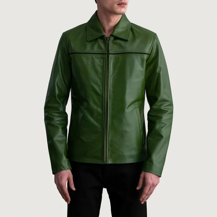 Mystical green leather jacket side profile close-up