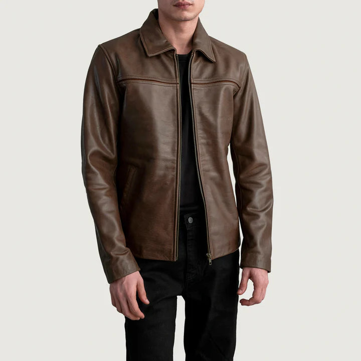 Men's brown pullup leather jacket side profile with collar detail
