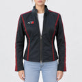 Women’s black PU leather jacket with red contrast stripes, stand-up collar, chest patch and front zipper, front view