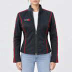 Women’s black PU leather jacket with red contrast stripes, stand-up collar, chest patch and front zipper, front view