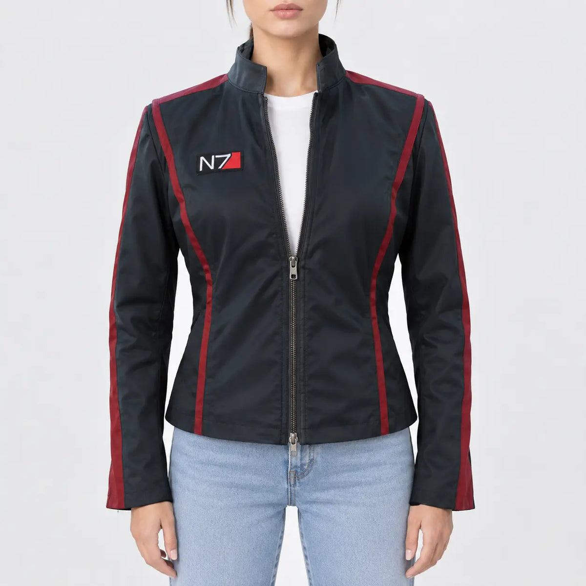 Women’s black PU leather jacket with red contrast stripes, stand-up collar, chest patch and front zipper, front view
