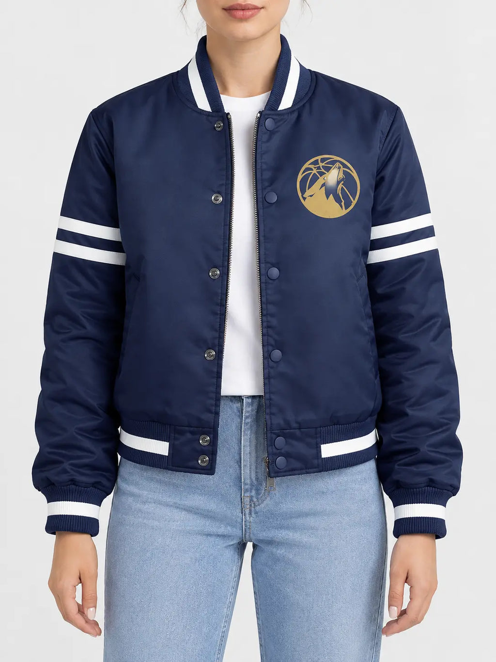 Women’s navy blue satin full-snap varsity jacket with white striped rib trim and sleeve stripes
