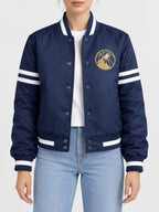 Women’s navy blue satin full-snap varsity jacket with white striped rib trim and sleeve stripes