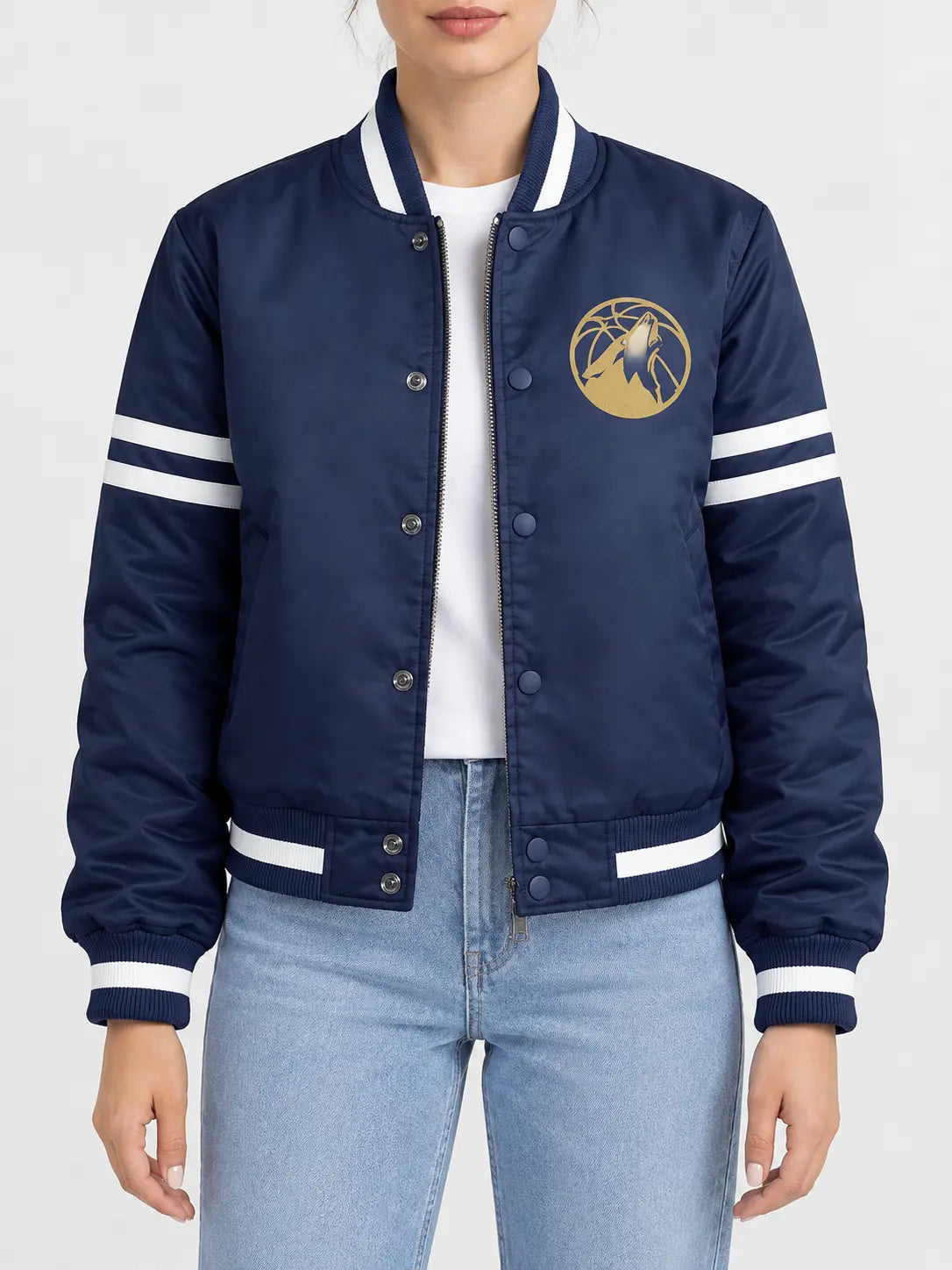 Women’s navy blue satin full-snap varsity jacket with white striped rib trim and sleeve stripes