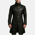 Men's steampunk black leather coat with front brass buckle straps, studded shoulders and stand-up collar