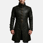 Men's steampunk black leather coat with front brass buckle straps, studded shoulders and stand-up collar