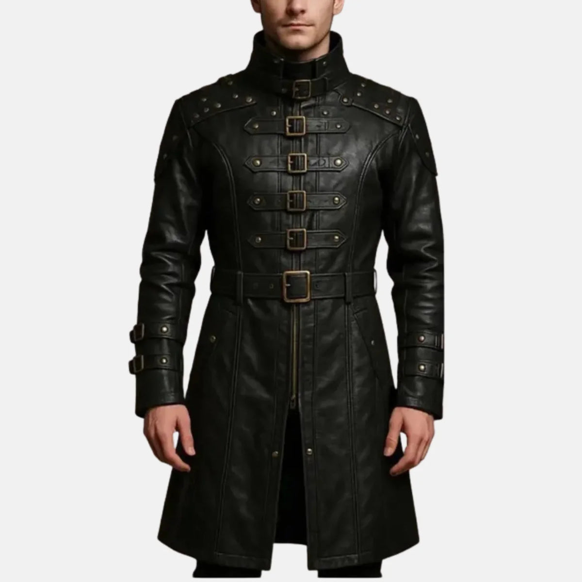 Men's steampunk black leather coat with front brass buckle straps, studded shoulders and stand-up collar