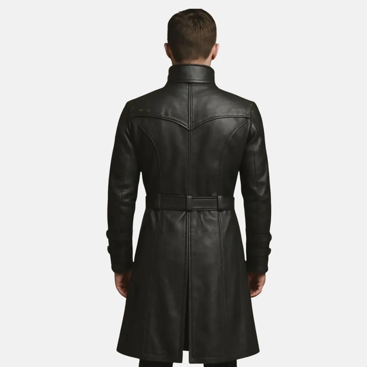Men's steampunk black leather coat with stand-up collar, yoke panel and belted waist