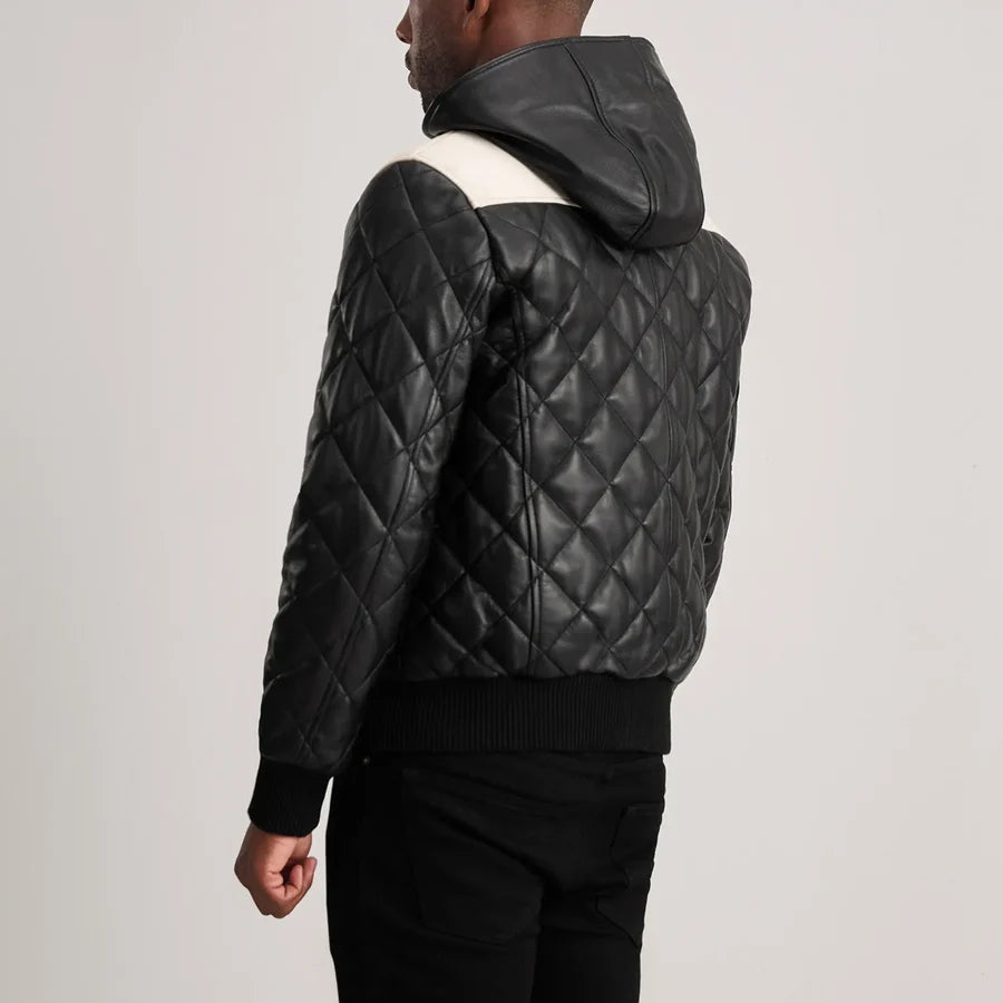 Men’s Norman black hooded diamond quilted leather jacket with cream yoke panel