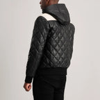 Men’s Norman black hooded diamond quilted leather jacket with cream yoke panel