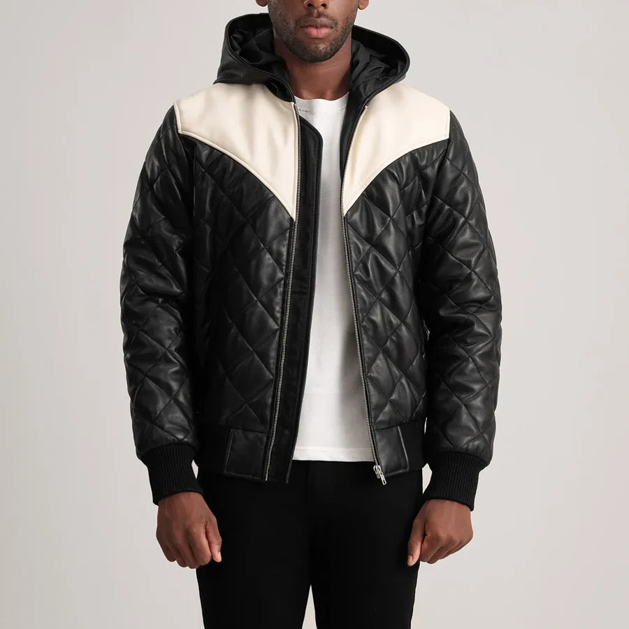 Men’s Norman black hooded bomber leather puffer jacket with diamond quilting and cream yoke