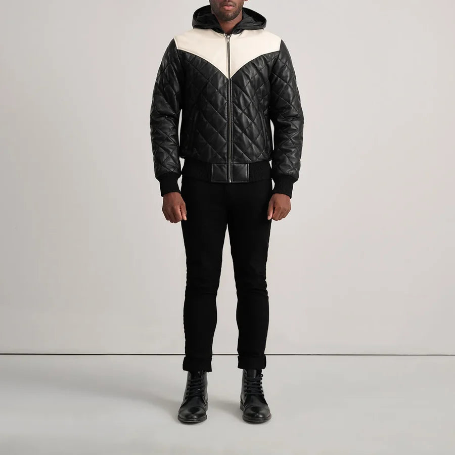 Men’s Norman black hooded bomber leather jacket with cream shoulder panels, full length