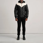 Men’s Norman black hooded bomber leather jacket with cream shoulder panels, full length