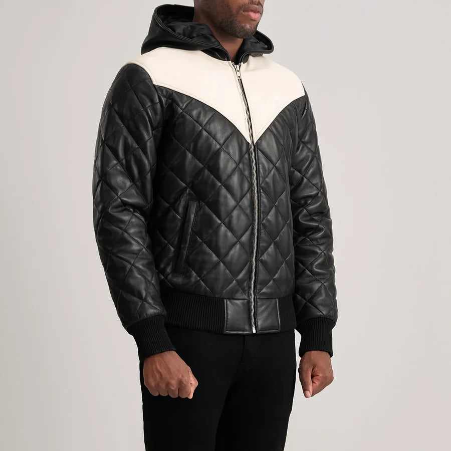 Men’s Norman black diamond quilted leather jacket zipped up with hood and rib knit cuffs