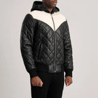 Men’s Norman black diamond quilted leather jacket zipped up with hood and rib knit cuffs
