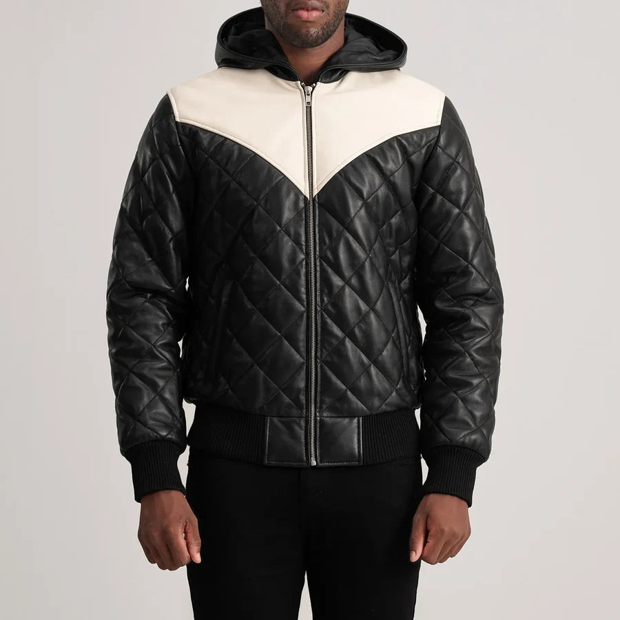 Men’s Norman black quilted leather puffer jacket worn open with rib knit hem and cream yoke