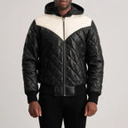 Men’s Norman black quilted leather puffer jacket worn open with rib knit hem and cream yoke