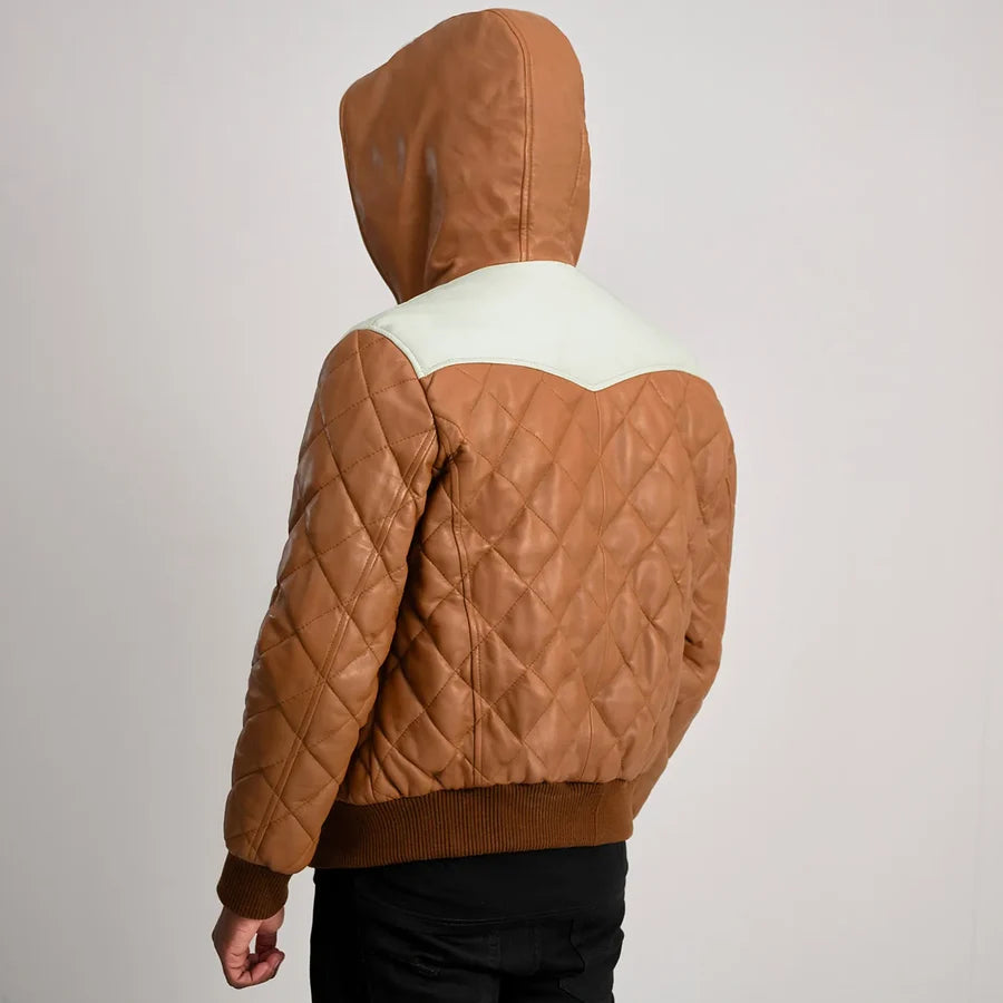 Men’s Norman tan hooded diamond quilted leather jacket with cream yoke and rib knit hem