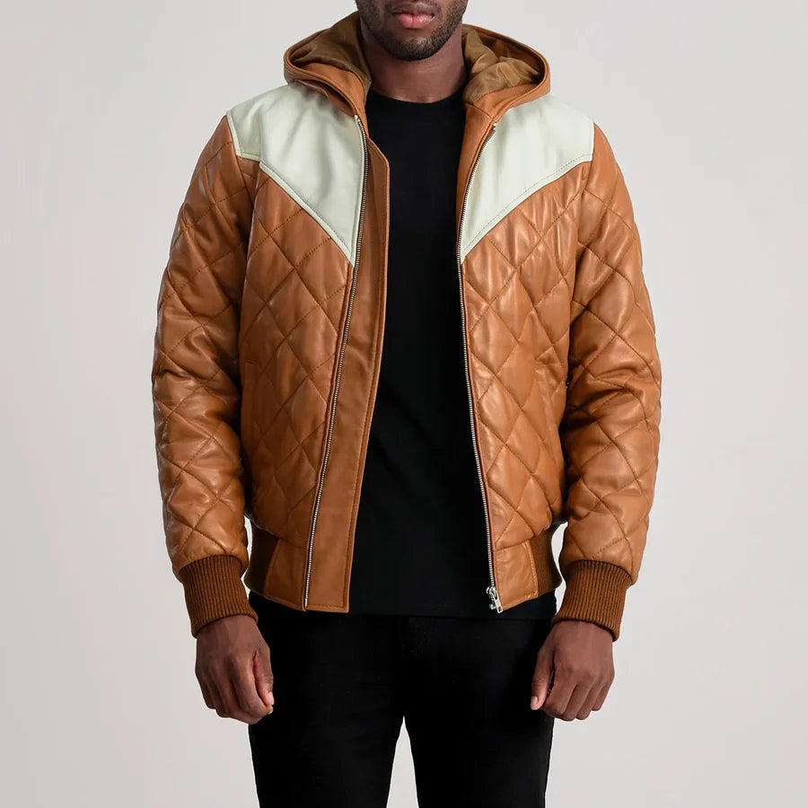 Men’s Norman tan hooded bomber leather puffer jacket with diamond quilting and cream yoke