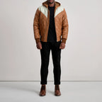 Men’s Norman tan hooded bomber leather jacket with cream shoulder panels, full length 