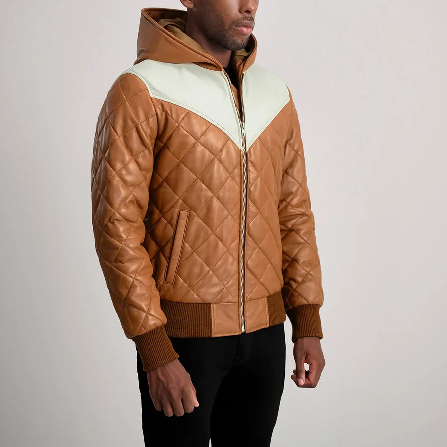 Men’s Norman tan quilted leather puffer jacket with attached hood and front zipper, angled 