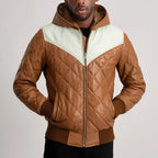 Men’s Norman tan diamond quilted leather jacket with rib knit cuffs and hem